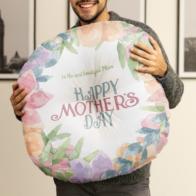 Personalise Four Flowers Watercolor Mother's Day  Round Cushion (Creator Uploaded)