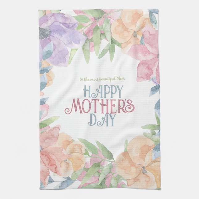 Personalise Four Flowers Watercolor Mother's Day  Tea Towel (Vertical)