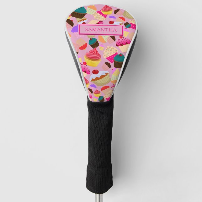 Personalise .. Fun, Bright Pink Cupcake Golf Head Cover (Front)