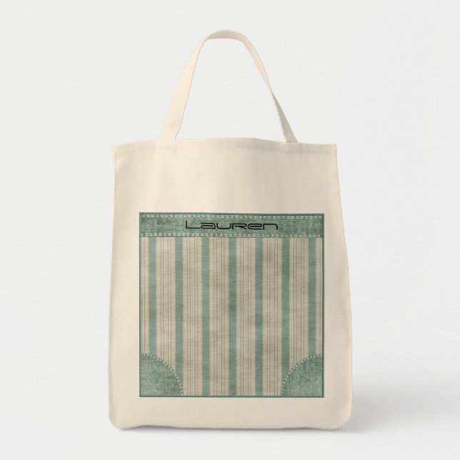 Personalise Geometric Aqua & White Linen Stripes Tote Bag (Front)