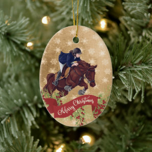 Personalise Girl and Horse Jumping Merry Christmas Ceramic Tree Decoration