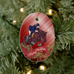 Personalise Girl and Horse Jumping Red Christmas Ceramic Tree Decoration