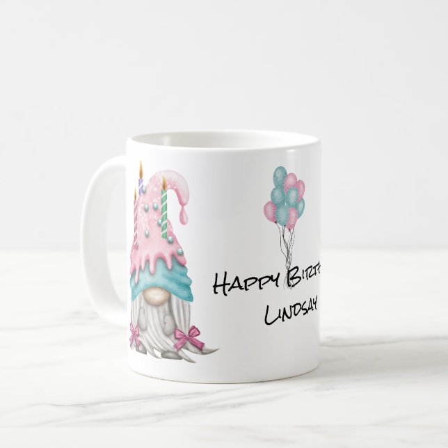 Personalise Girl Gnome Pink Blue Birthday Candle Coffee Mug (Front Left)