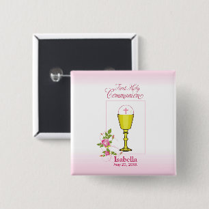 Personalise Girl Name Pink First Holy Communion 15 Cm Square Badge