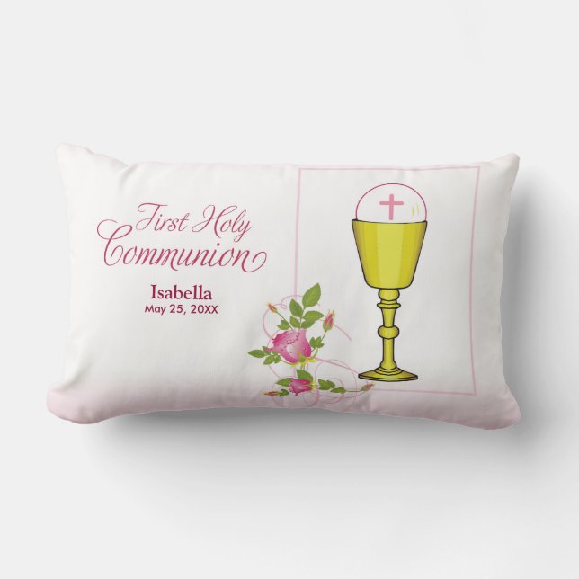 Personalise Girl Name Pink First Holy Communion Lumbar Cushion (Front)