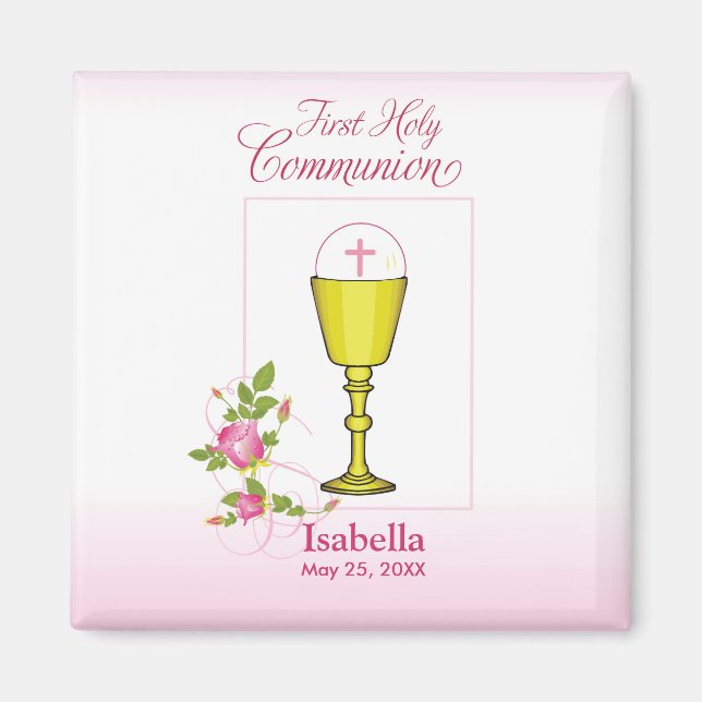 Personalise Girl Name Pink First Holy Communion Magnet (Front)