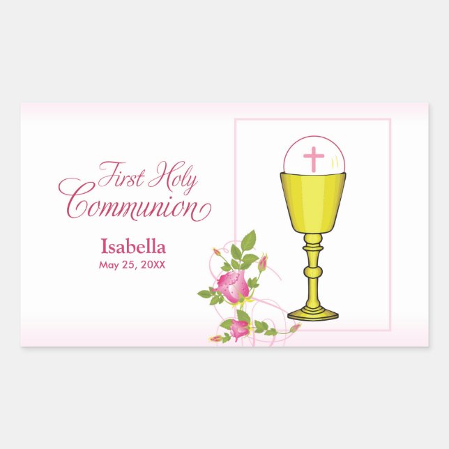 Personalise Girl Name Pink First Holy Communion Rectangular Sticker (Front)
