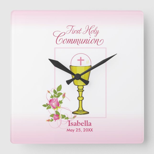 Personalise Girl Name Pink First Holy Communion Square Wall Clock (Front)
