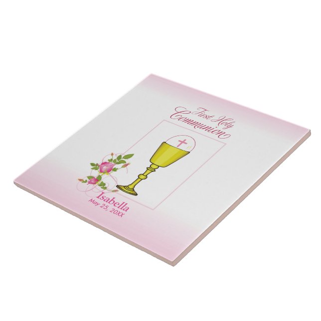 Personalise Girl Name Pink First Holy Communion Tile (Side)