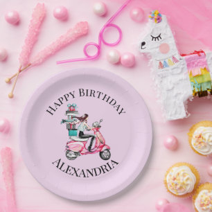 Personalise Girl on Scooter Happy birthday Paper Plate
