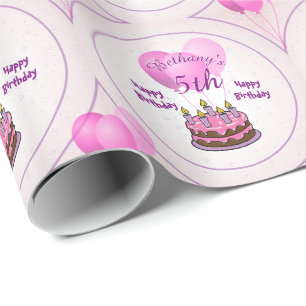 Personalise Girls 5th Birthday Party Pink Balloons Wrapping Paper