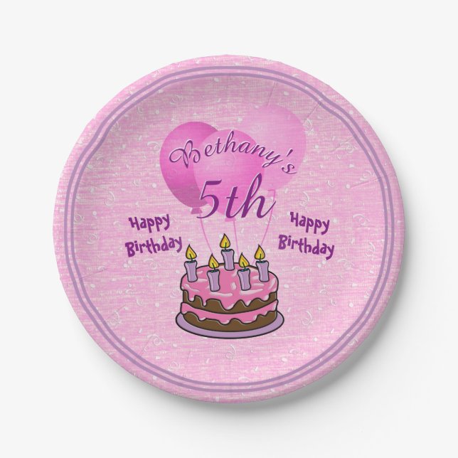 Personalise:  Girls 5th Birthday Textured Pink Paper Plate (Front)