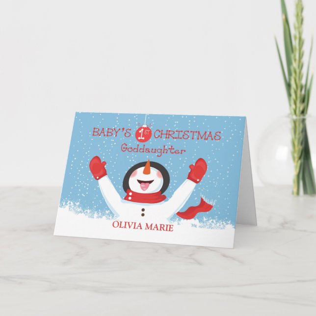 Personalise Goddaughter Name Christmas Snowman Card (Front)