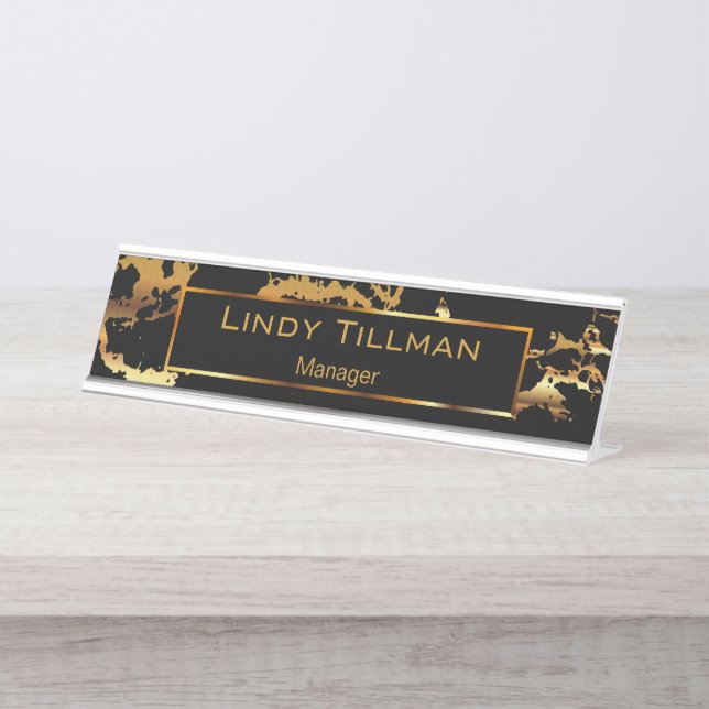 Personalise, Gold & Black Marble Desk Name Plate (Front)