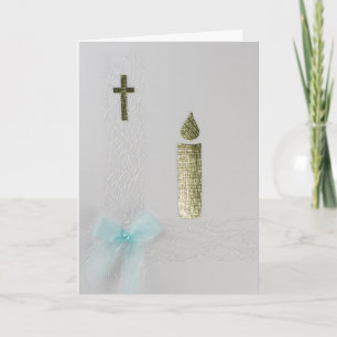 Personalise Gold Candle, holy cross and blue bow Card