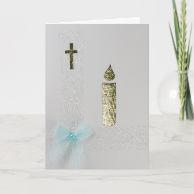 Personalise Gold Candle, holy cross and blue bow Card (Front)