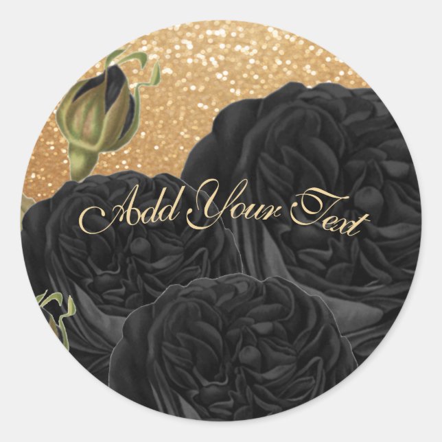 Personalise Gold Glitter and Black Roses Classic Round Sticker (Front)
