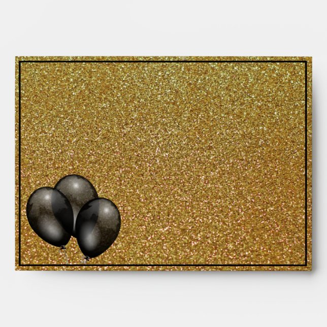 Personalise gold glitter black balloons envelope (Front)