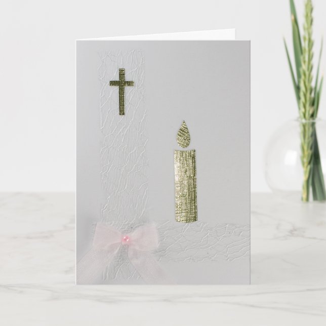 Personalise Gold Holy cross, candle and pink bow Card (Front)