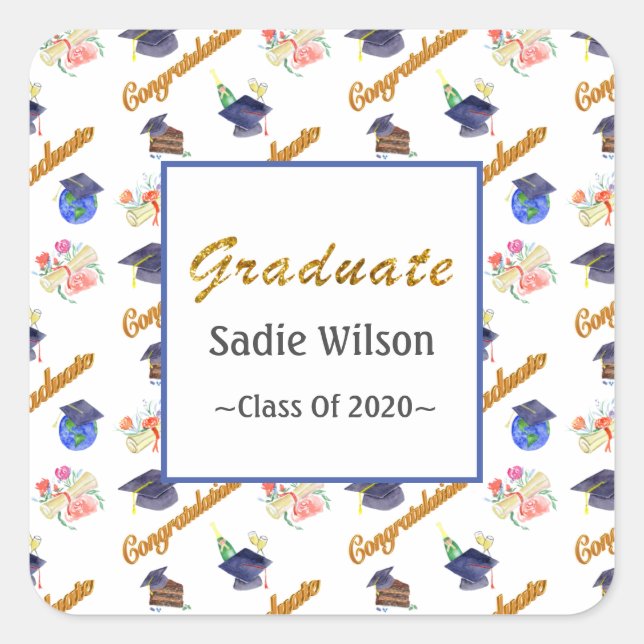 Personalise Graduate Watercolor Cap, Diploma, Cake Square Sticker (Front)