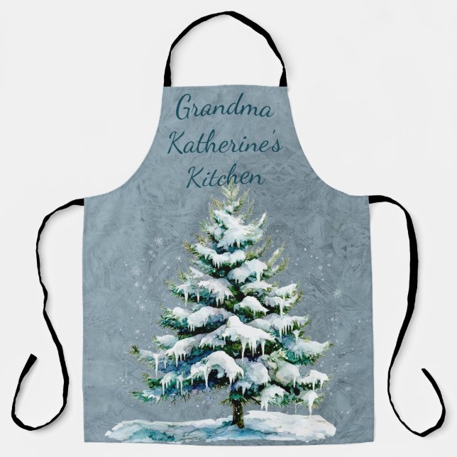 Personalise Grandma’s Winter Snowy Spruce Tree Apron (Front)