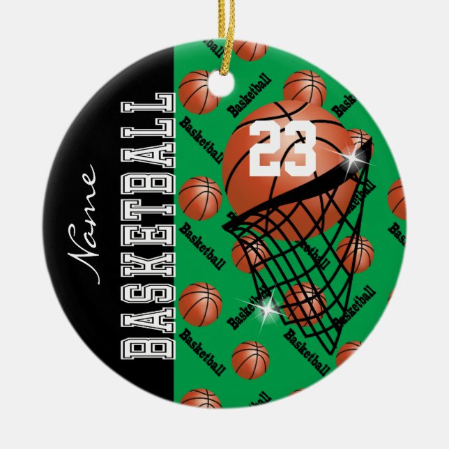 Personalise Green Basketball Ceramic Tree Decoration (Front)