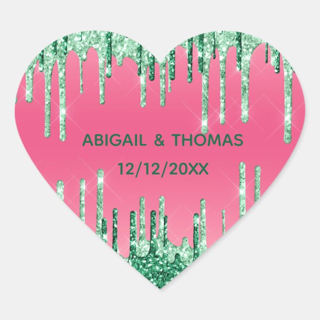 Personalise Green Glitter Drips Pink Wedding Heart Sticker (Front)