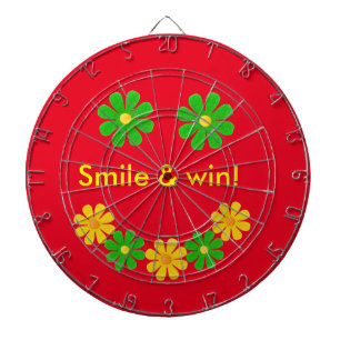 Personalise, green yellow smille flowers on red dartboard
