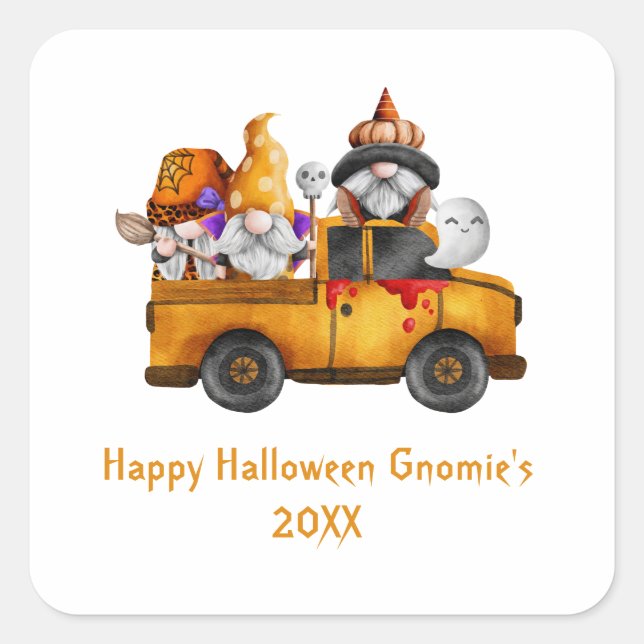Personalise Halloween Gnomes Orange Truck Square Sticker (Front)