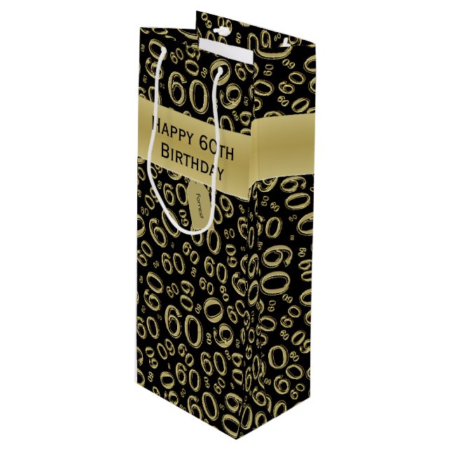 Personalise:  Happy 60th Birthday Gold/Black (W) Wine Gift Bag (Front Angled)