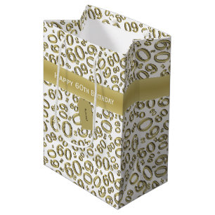 Personalise:  Happy 60th Birthday Gold/White (M) Medium Gift Bag