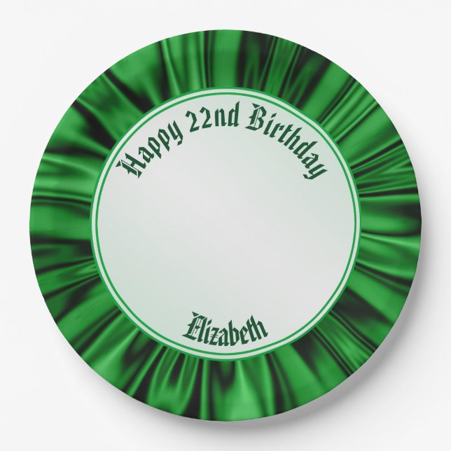 Personalise "Happy Birthday" on Faux Green Satin Paper Plate (Front)