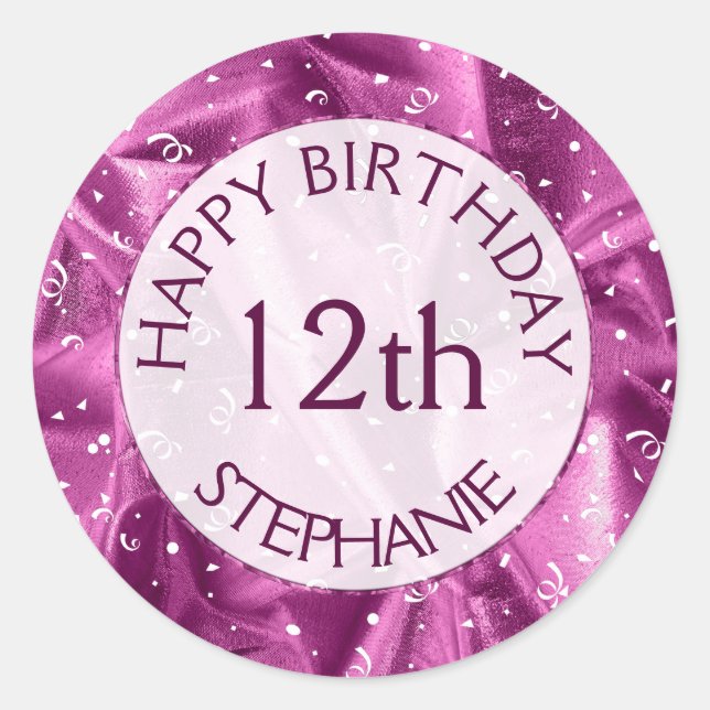 Personalise: "Happy Birthday" Orchid Textured Classic Round Sticker (Front)
