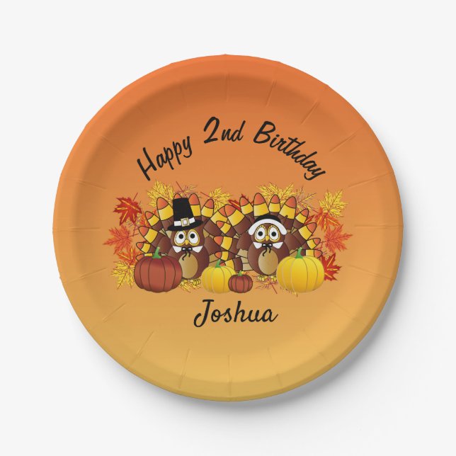 Personalise Happy Birthday Owl Turkey Pilgrims Paper Plate (Front)
