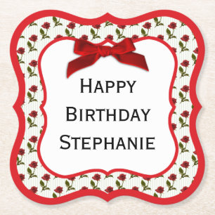 Personalise: Happy Birthday Red Roses Pattern Paper Coaster