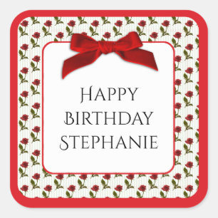 Personalise: Happy Birthday Red Roses Pattern Square Sticker