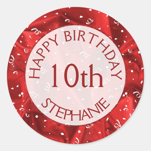 Personalise: "Happy Birthday" Red Textured Fabric Classic Round Sticker (Front)