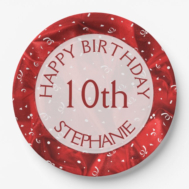 Personalise: "Happy Birthday" Red Textured Paper Plate (Front)