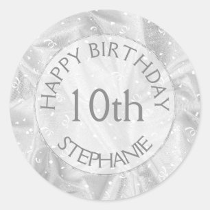 Personalise: "Happy Birthday" Silver Textured Classic Round Sticker