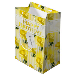 Personalise: "Happy Birthday" Yellow Daffodils Medium Gift Bag