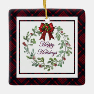 Personalise Happy Holidays Red Plaid Ceramic Ornament