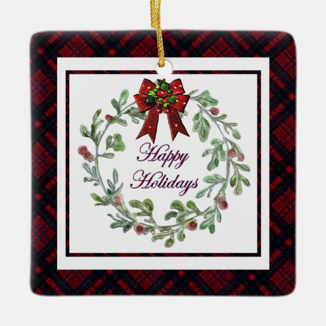 Personalise Happy Holidays Red Plaid Ceramic Ornament (Front)