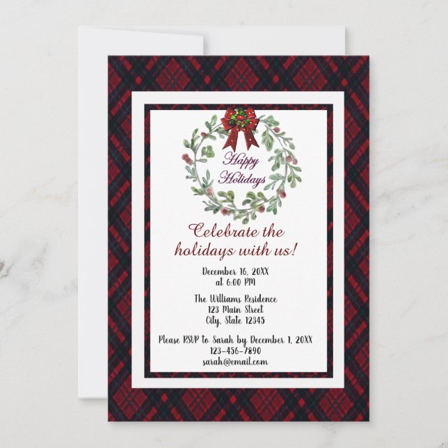 Personalise Happy Holidays Red Plaid Invitation (Front)