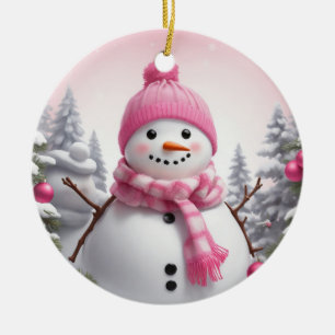 Personalise: Happy Pink Scarf Xmas Snowman Ceramic Tree Decoration