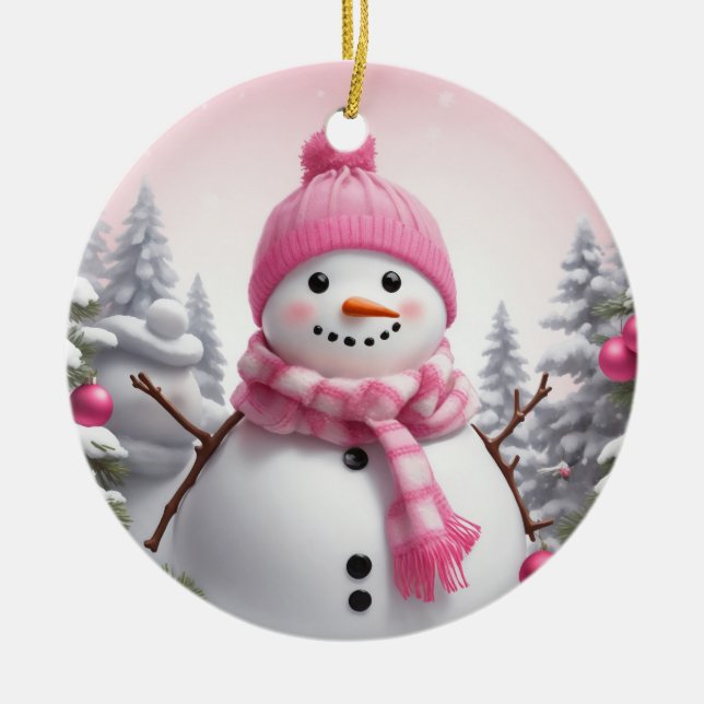 Personalise: Happy Pink Scarf Xmas Snowman Ceramic Tree Decoration (Front)