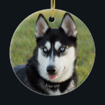 Personalise Happy playful Siberian Husky puppy Ceramic Tree Decoration<br><div class="desc">Personalise (add your text,  or change the image) Happy Playful Siberian Husky puppy photography on any ornament.

#Ornament #Christmas #Husky #SiberianHusky #Puppy #Dog</div>