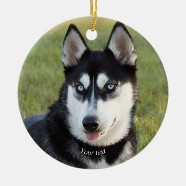 Personalise Happy playful Siberian Husky puppy Ceramic Tree Decoration (Front)