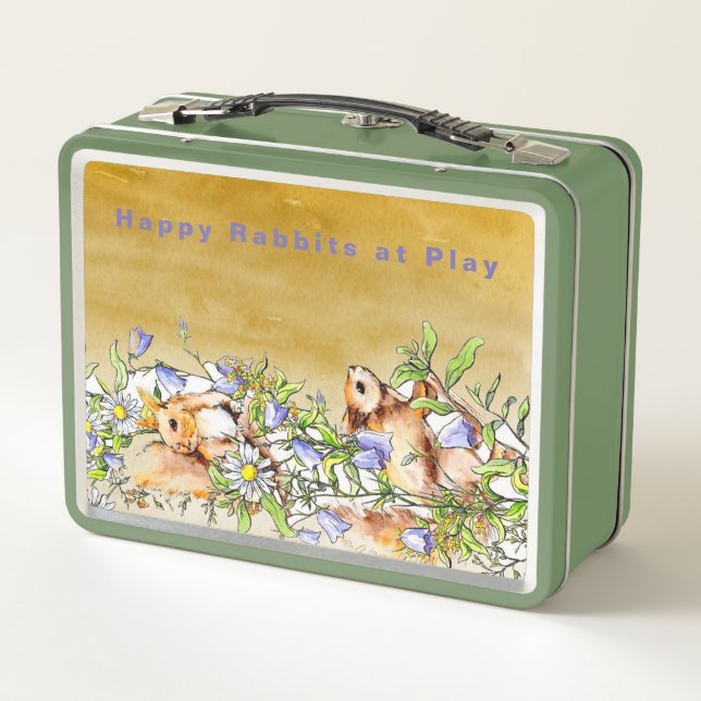 Personalise Happy Rabbits at Play Among Flowers Metal Lunch Box (Back)