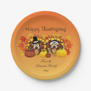 Personalise Happy Thanksgiving Owl Turkey Pilgrims Paper Plate