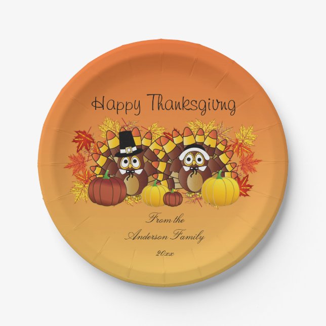 Personalise Happy Thanksgiving Owl Turkey Pilgrims Paper Plate (Front)